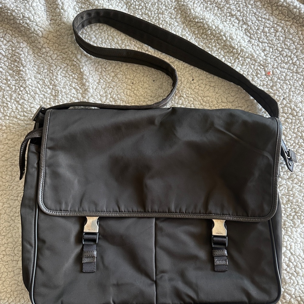 Authenticated PRADA Vintage Tessuto Triangle with Logo Brown Nylon Messenger Bag